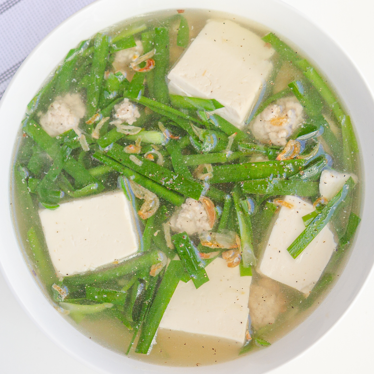 Vietnamese Tofu and Garlic Chive Soup with Ground Pork (Canh Dau Hu He Nau Thit Bam)