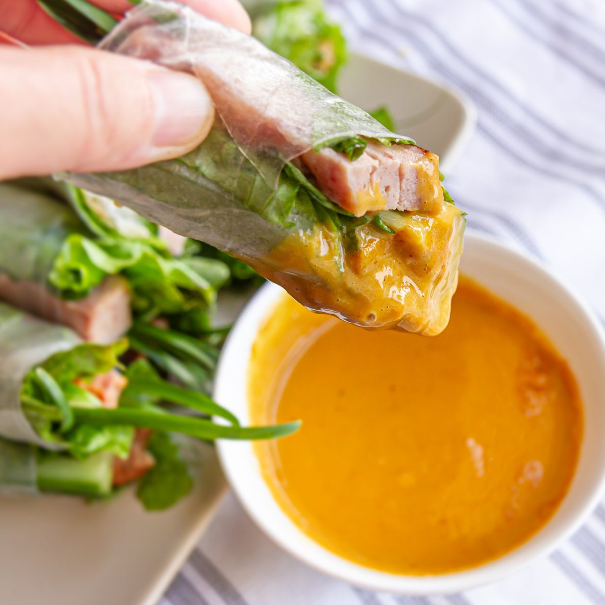 Vietnamese Pork Sausage Spring Rolls with Orange Dipping Sauce (Nem Nuong Cuon)