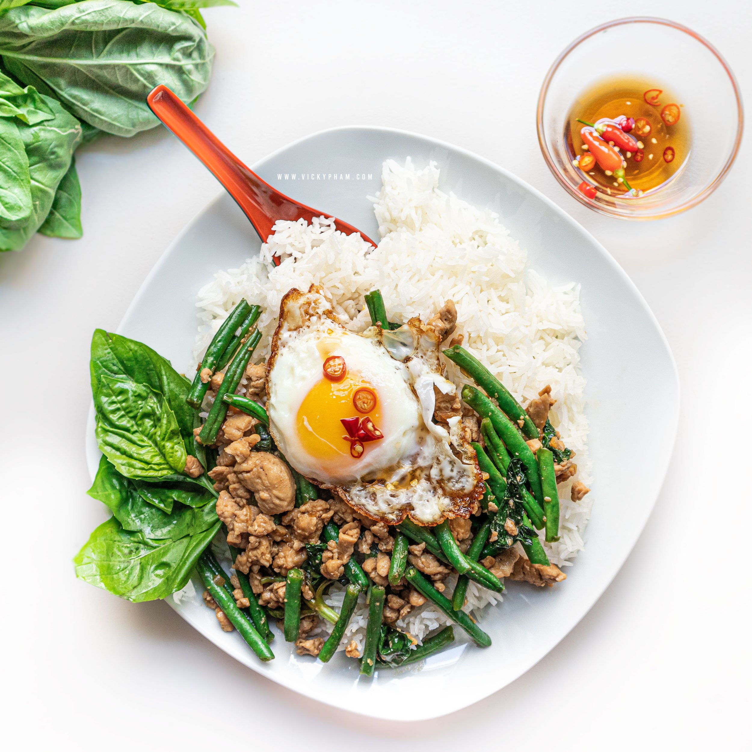 15-minute Thai Basil Chicken Stir Fry with Rice, Green Beans & Fried Egg (Pad Krapow Gai)