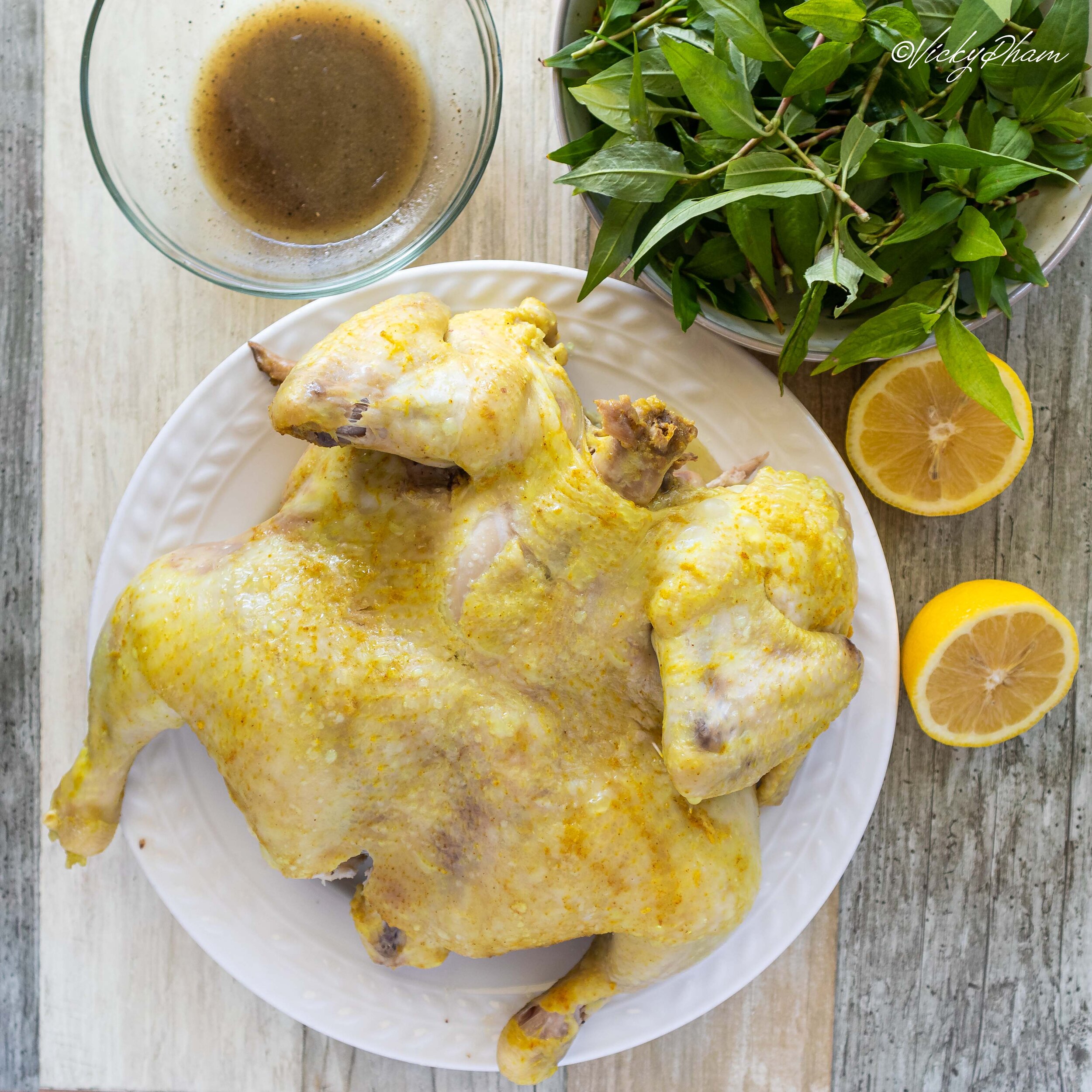 Vietnamese Steamed Whole Chicken with Turmeric and Coriander (Gà Hấp Bột Nghệ Rau Răm)