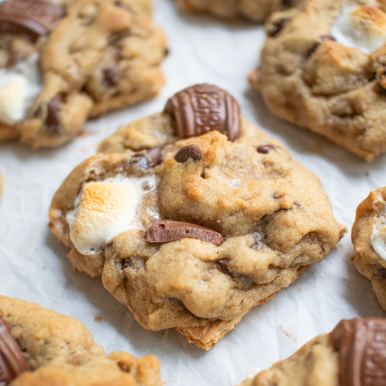 Soft S’mores Cookies with Dark Chocolate and Graham Cracker Base